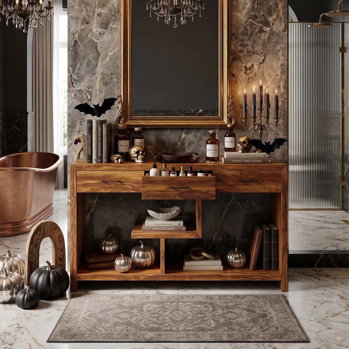 Rustic Skull Wood Console Table Luxury Bathroom