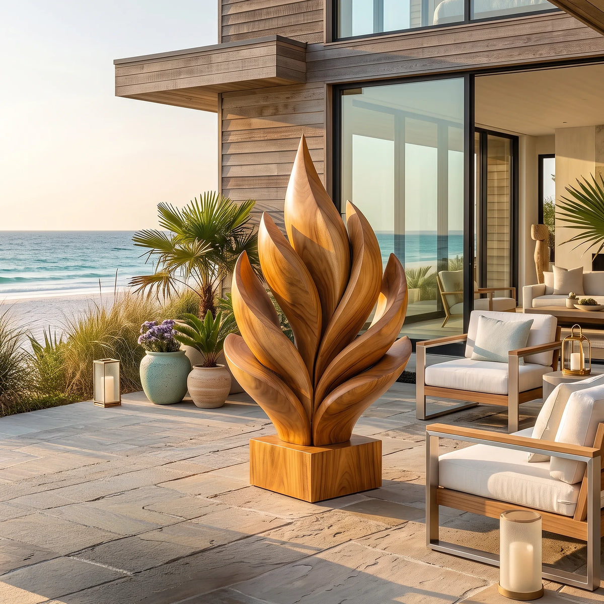 Modern Farmhouse Wooden Leaf Sculpture For Luxury Patio Decor