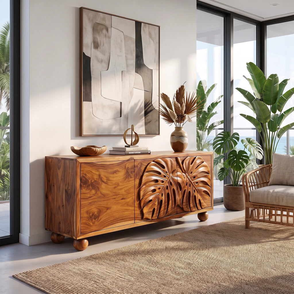 Tropical Sideboard Dining Room Sideboard Cabinet Buffet Cabinet Monstera Relief For Dining Room