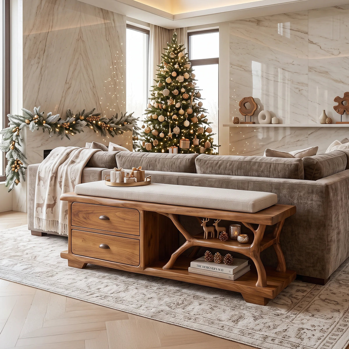 Modern Christmas Storage Bench Reindeer Living Room Decor