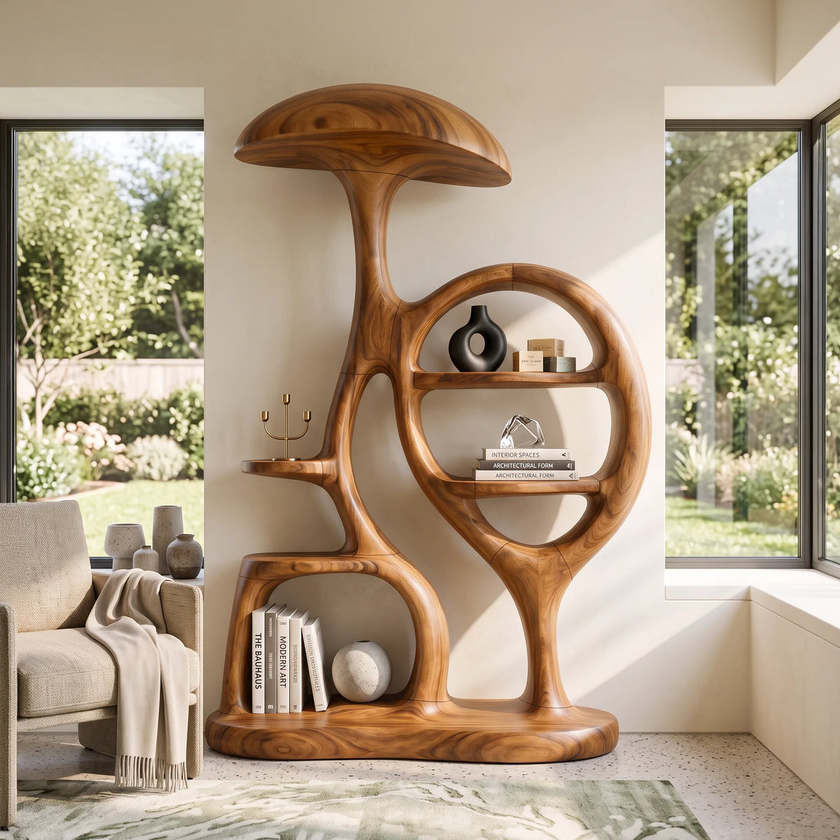 Contemporary Arched Mushroom Bookshelf Cozy Bedroom