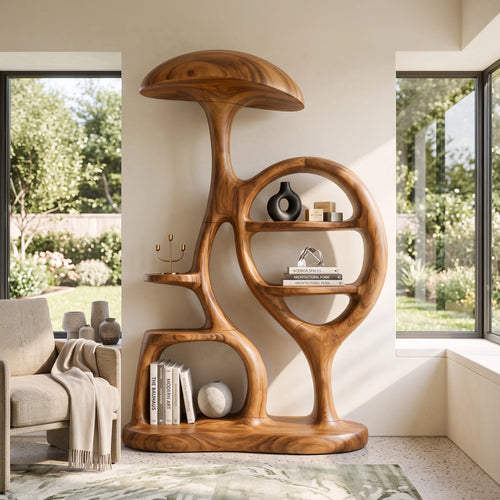 Contemporary Arched Mushroom Bookshelf Cozy Bedroom