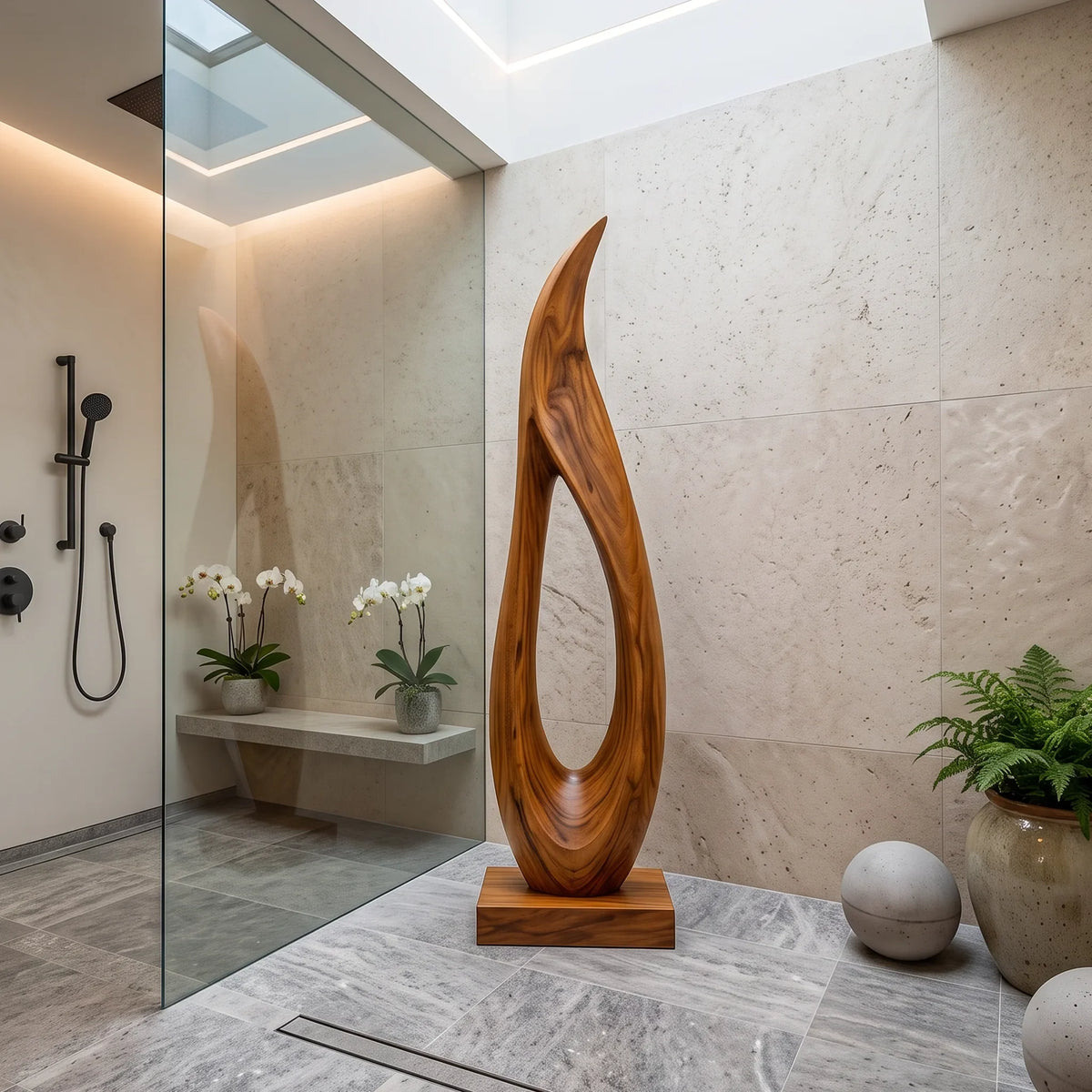 Handcrafted Flame Wood Sculpture For Minimalist Luxury Bathroom Decor