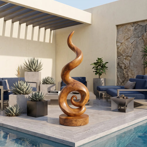 Coastal Spiral Wood Sculpture For Luxury Poolside Patio Decor