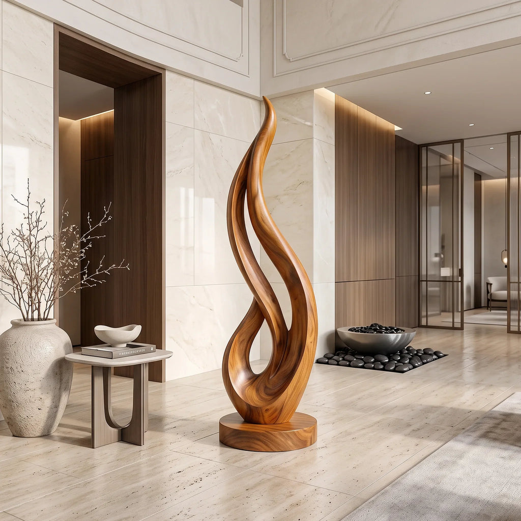 Mid Century Flame Wood Sculpture For Modern Entryway Decor