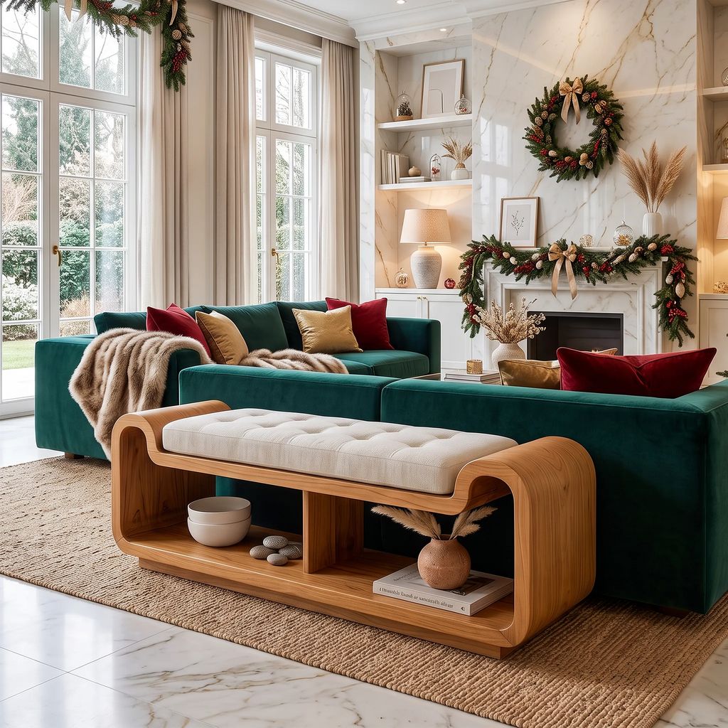 Mid Century Xmas Wooden Storage Bench Holiday Decor