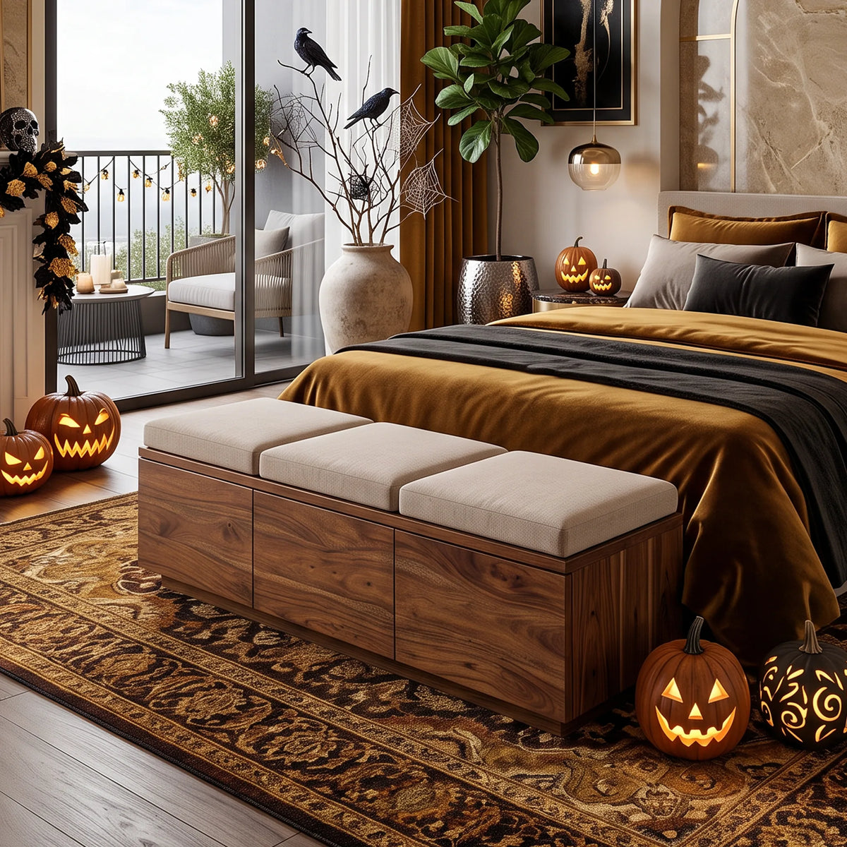 Wooden Storage Bench Cushion For Halloween Bedroom Decor
