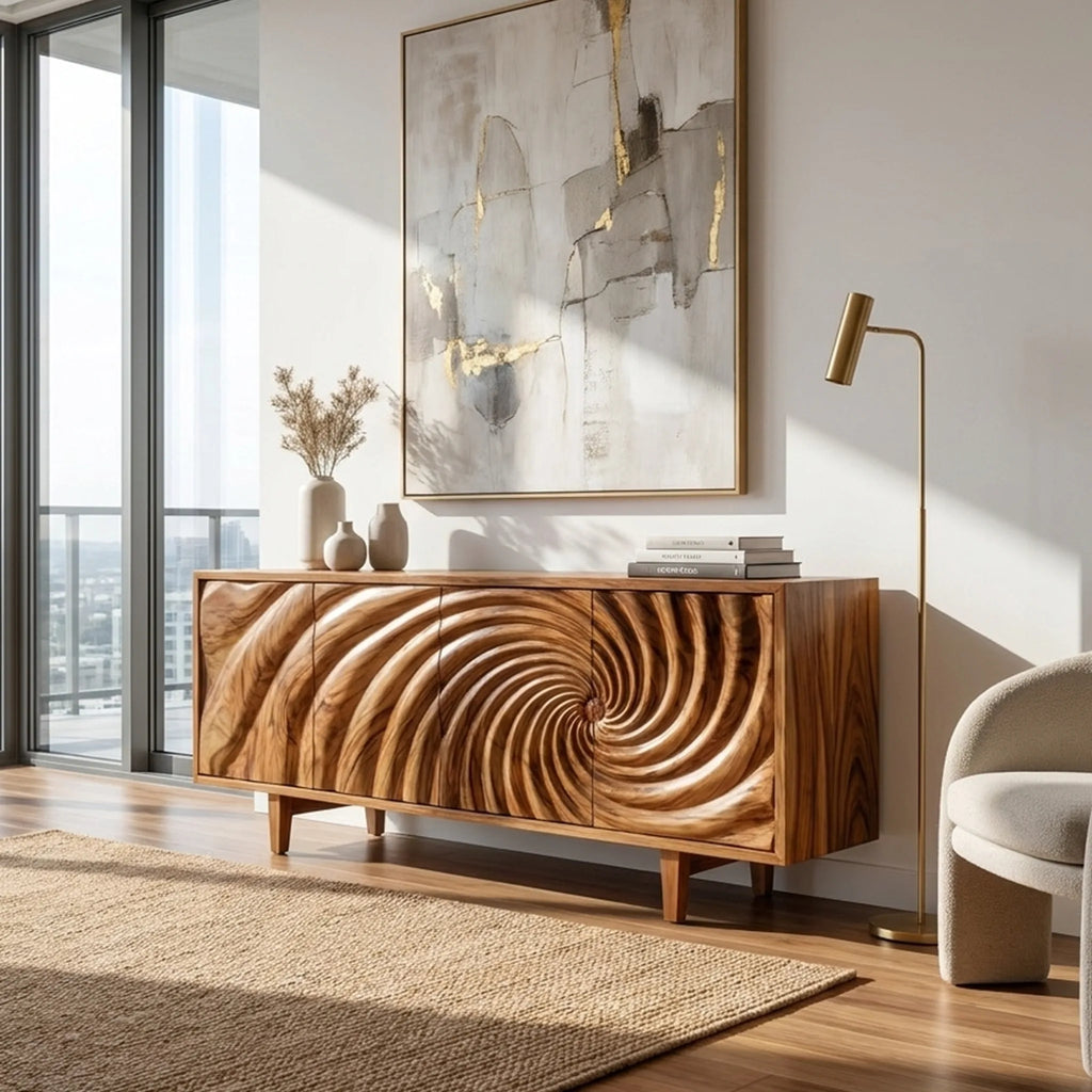 Sculptural Sideboard Dining Sideboard Cabinet Buffet Cabinet Spiral Carved Front For Dining Room