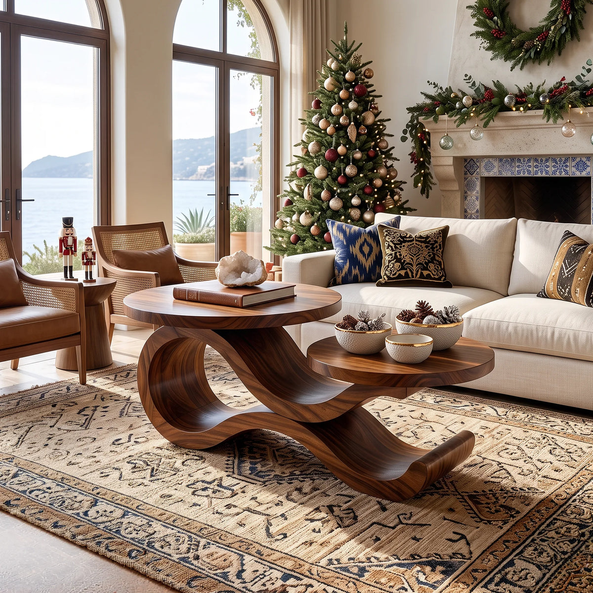 Handcrafted Xmas Round Coffee Table Mediterranean Living Room