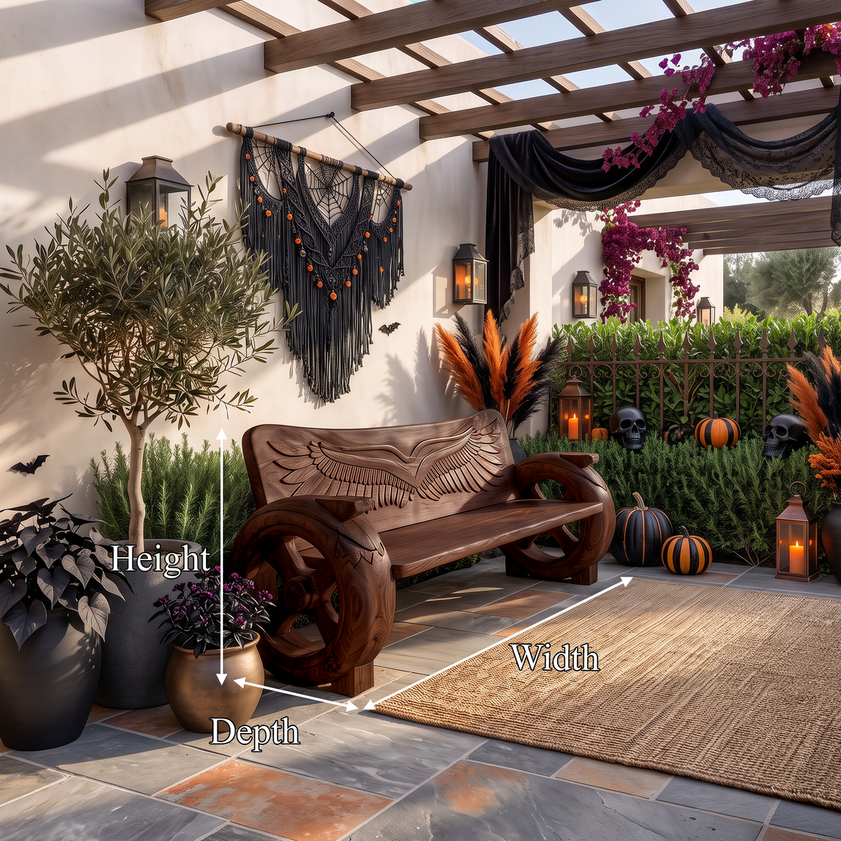 Natural Halloween Garden Bench With Sculptural Branch Back For Porch