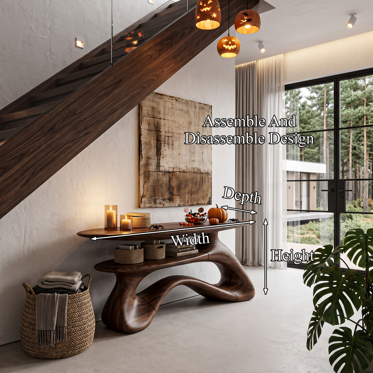 Modern Halloween Entryway Table With Open Storage Shelf And Hollow Frame For Hallway
