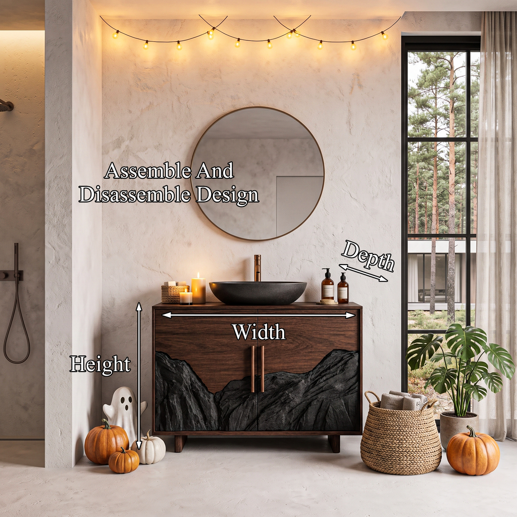 Rustic Halloween Bathroom Vanity Cabinet With Haunted Mountain Design For Bathroom