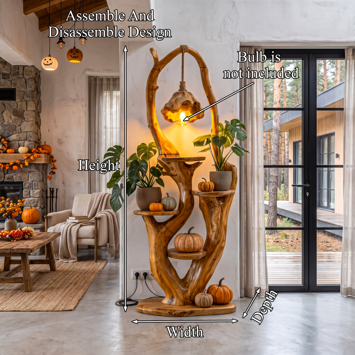 Rustic Halloween Tree Plant Stand With Hanging Lantern Canopy For Entryway