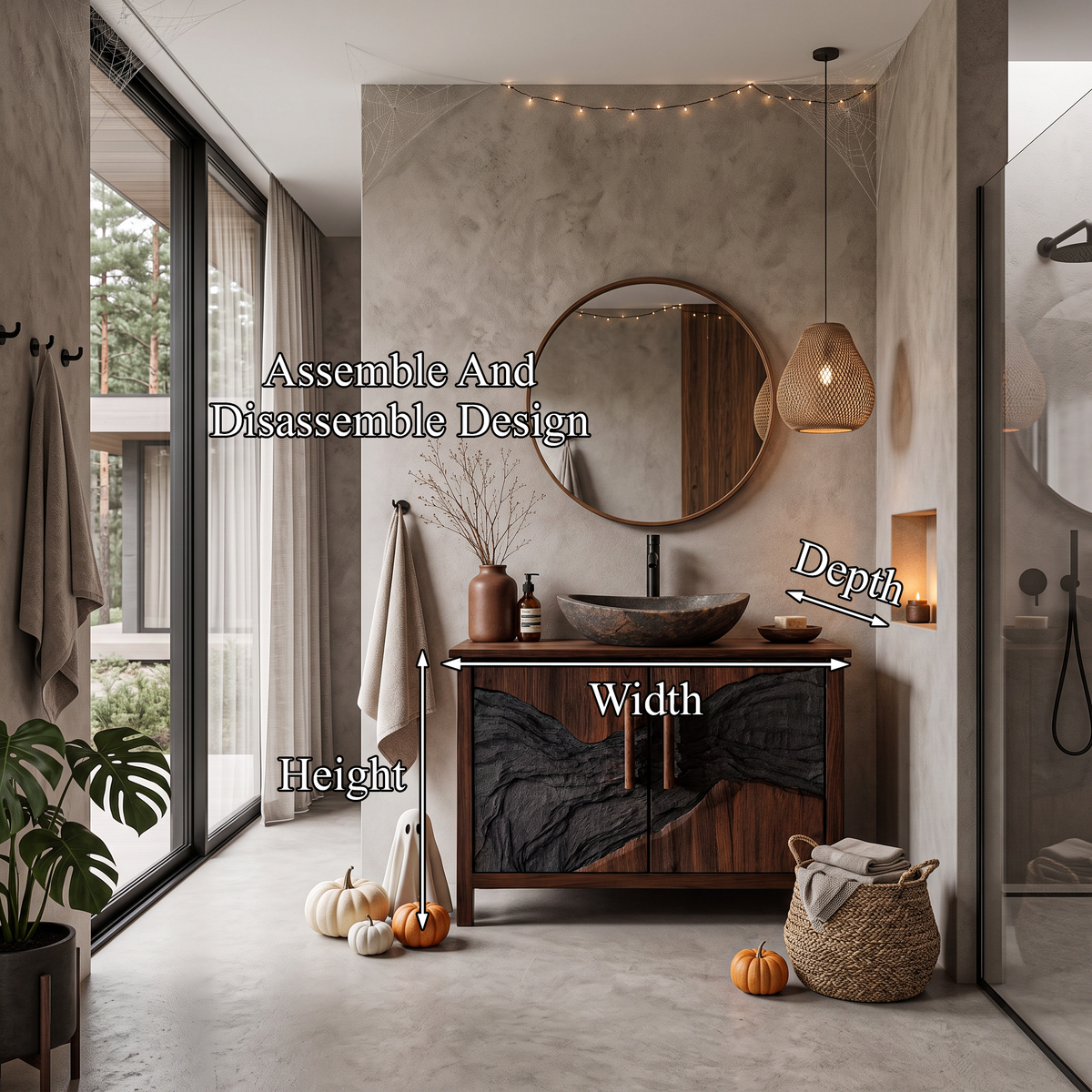 Modern Halloween Vessel Sink Vanity With Dark Mountain Relief For Bathroom