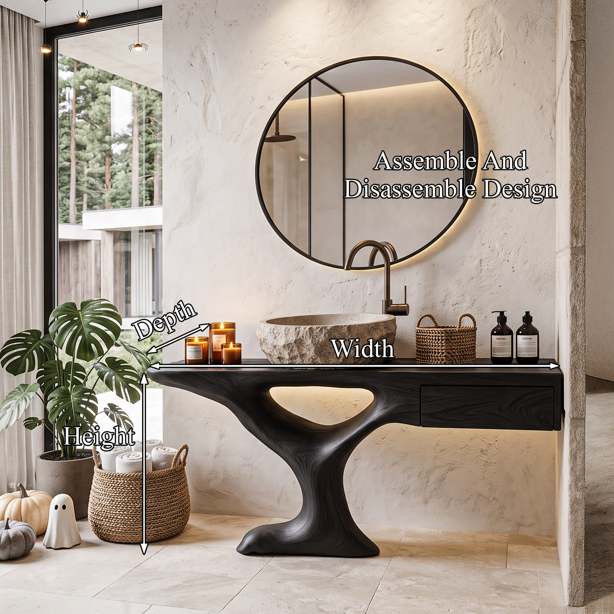 Rustic Halloween Vessel Sink Vanity With Sculptural Tree Frame For Bathroom