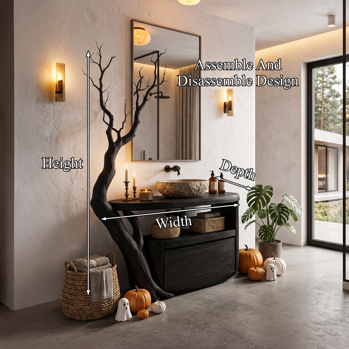 Natural Halloween Tree Bathroom Vanity With Open Shelf Storage For Bathroom