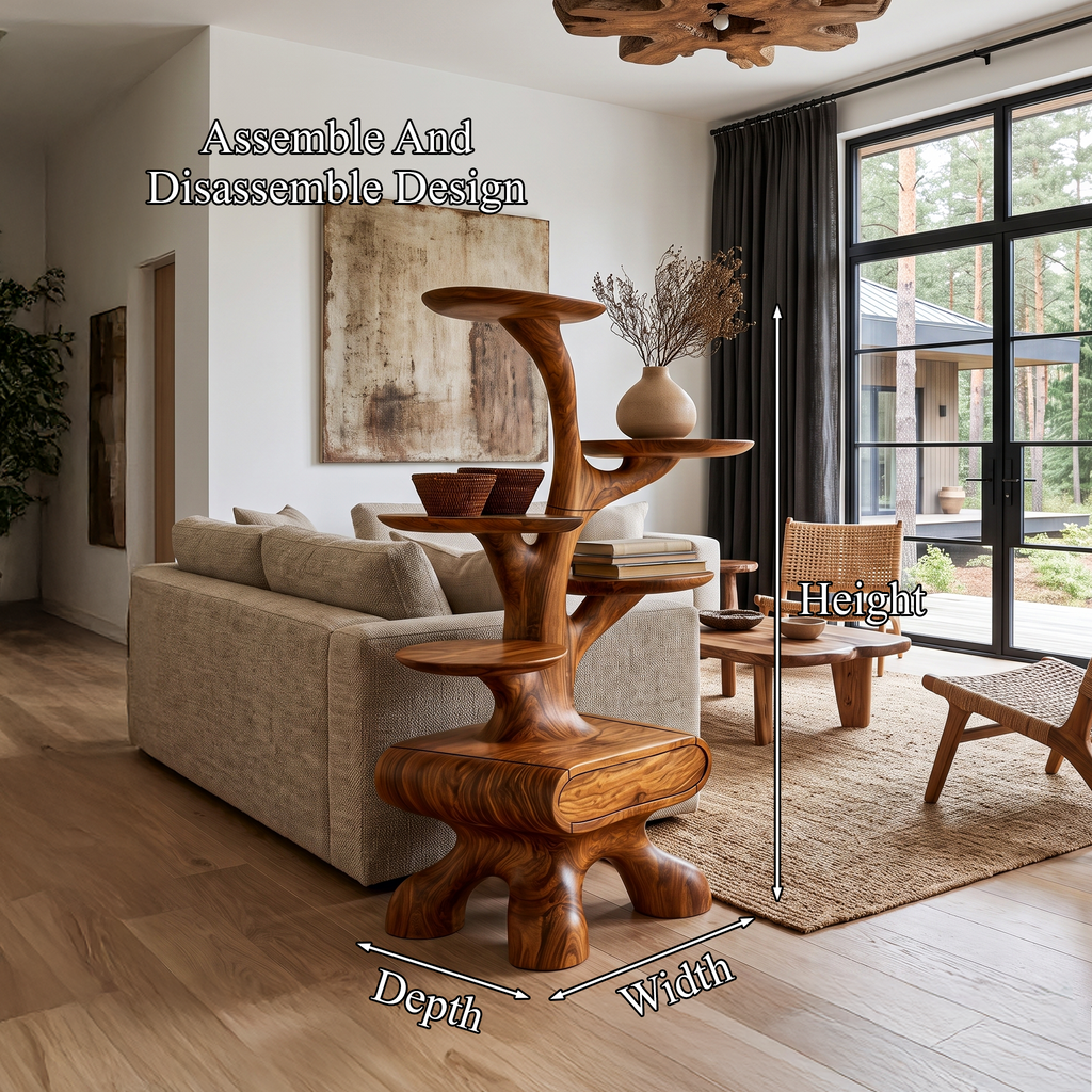 Rustic Tree Side Table With Tiered Display Shelves For Living Room