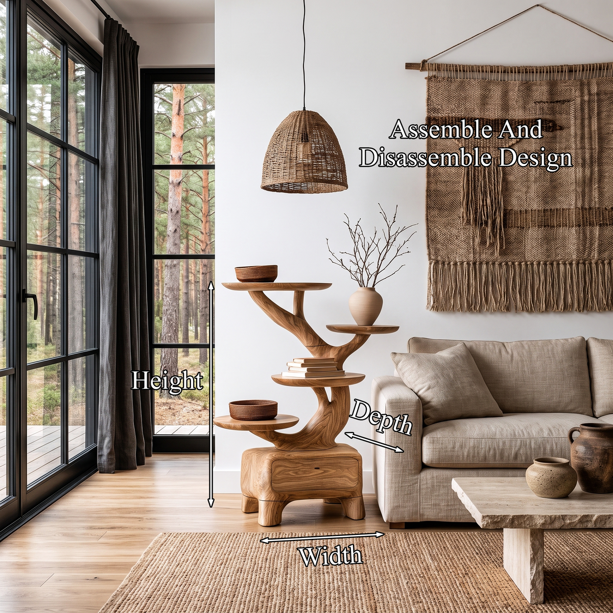Natural Sculptural Side Table With Branch Display Shelves For Living Room