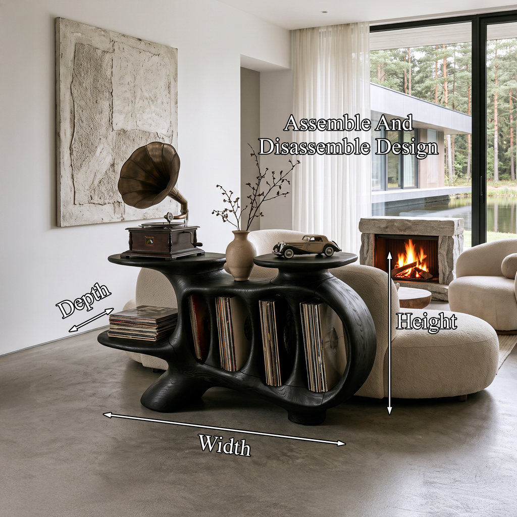 Natural Turntable Console With Sculptural Display Sections For Living Room