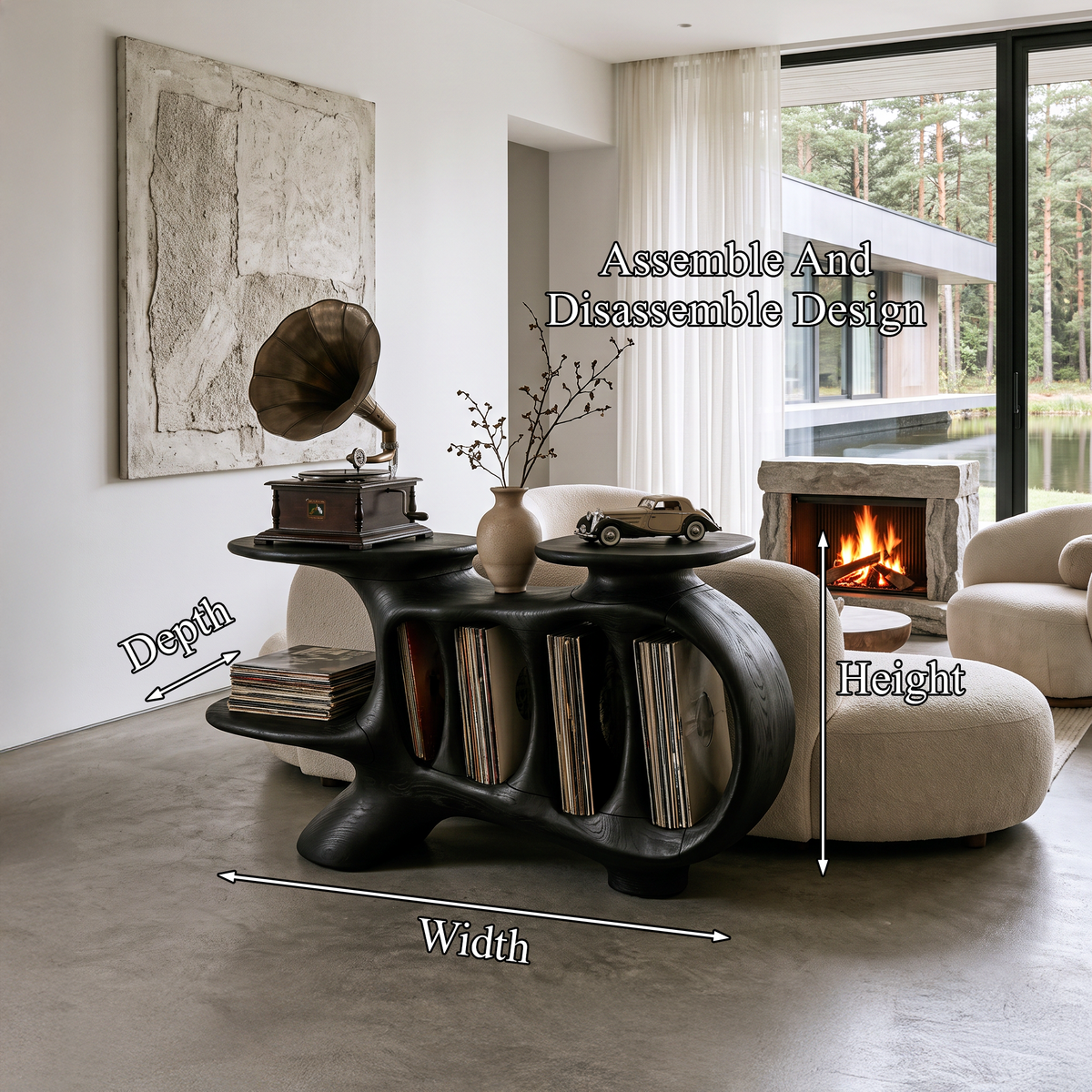 Natural Turntable Console With Sculptural Display Sections For Living Room
