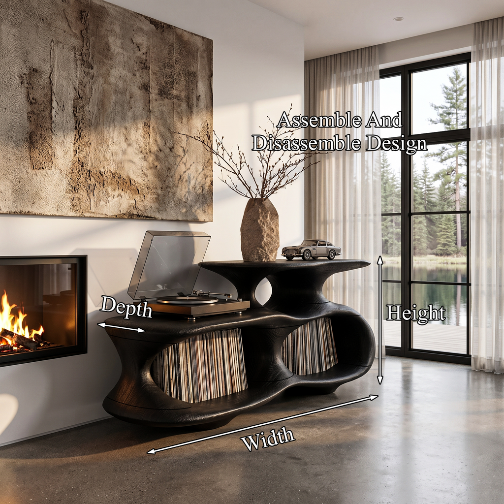 Modern Vinyl Record Stand With Asymmetrical Curved Compartments For Hallway
