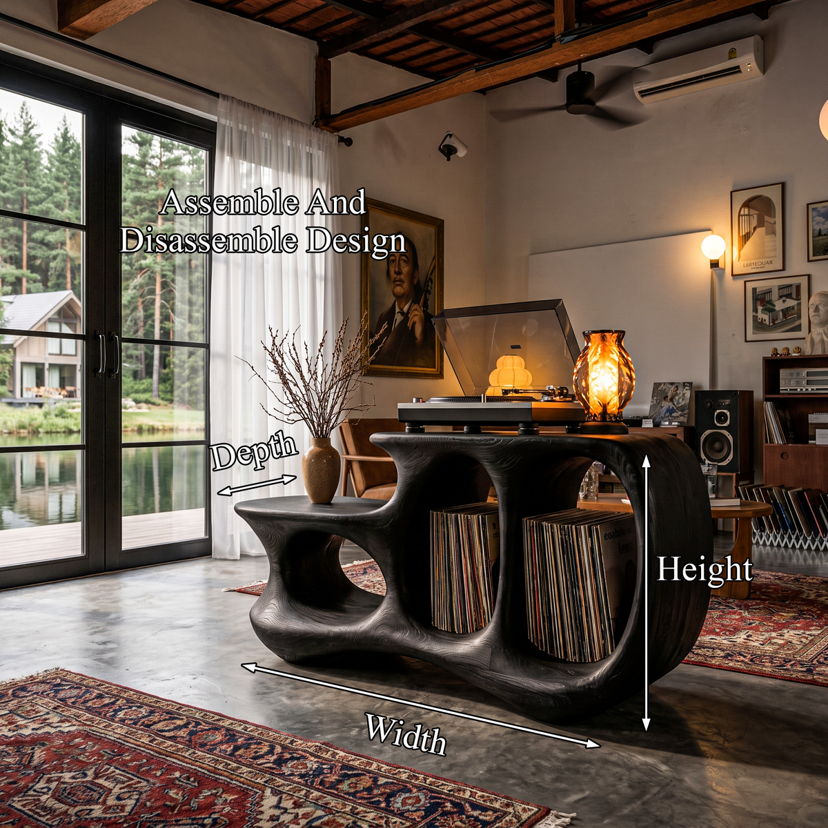 Natural Record Player Stand With Flowing Sculptural Frame For Living Room