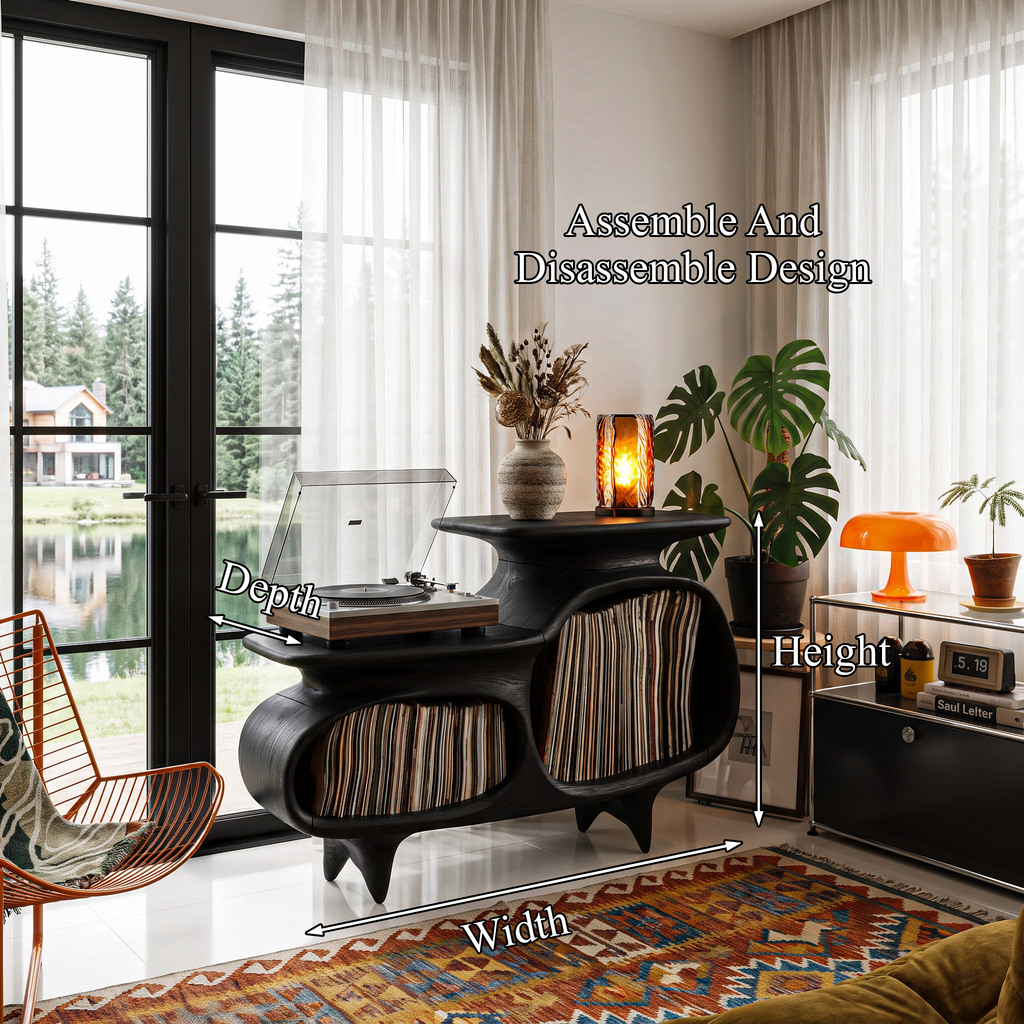 Modern Media Console With Vinyl Storage And Curved Display Compartments For Entryway