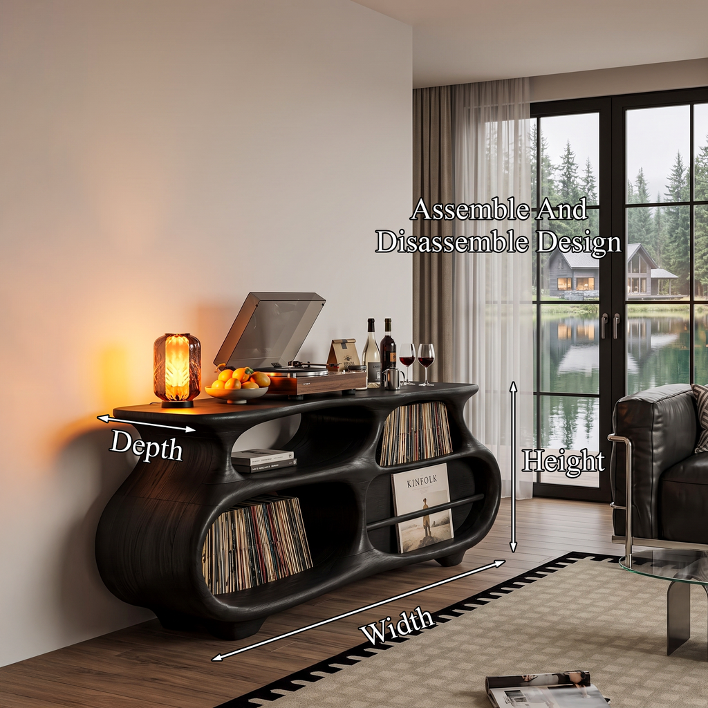 Mid Century Vinyl Record Stand With Artistic Flowing Silhouette For Entryway