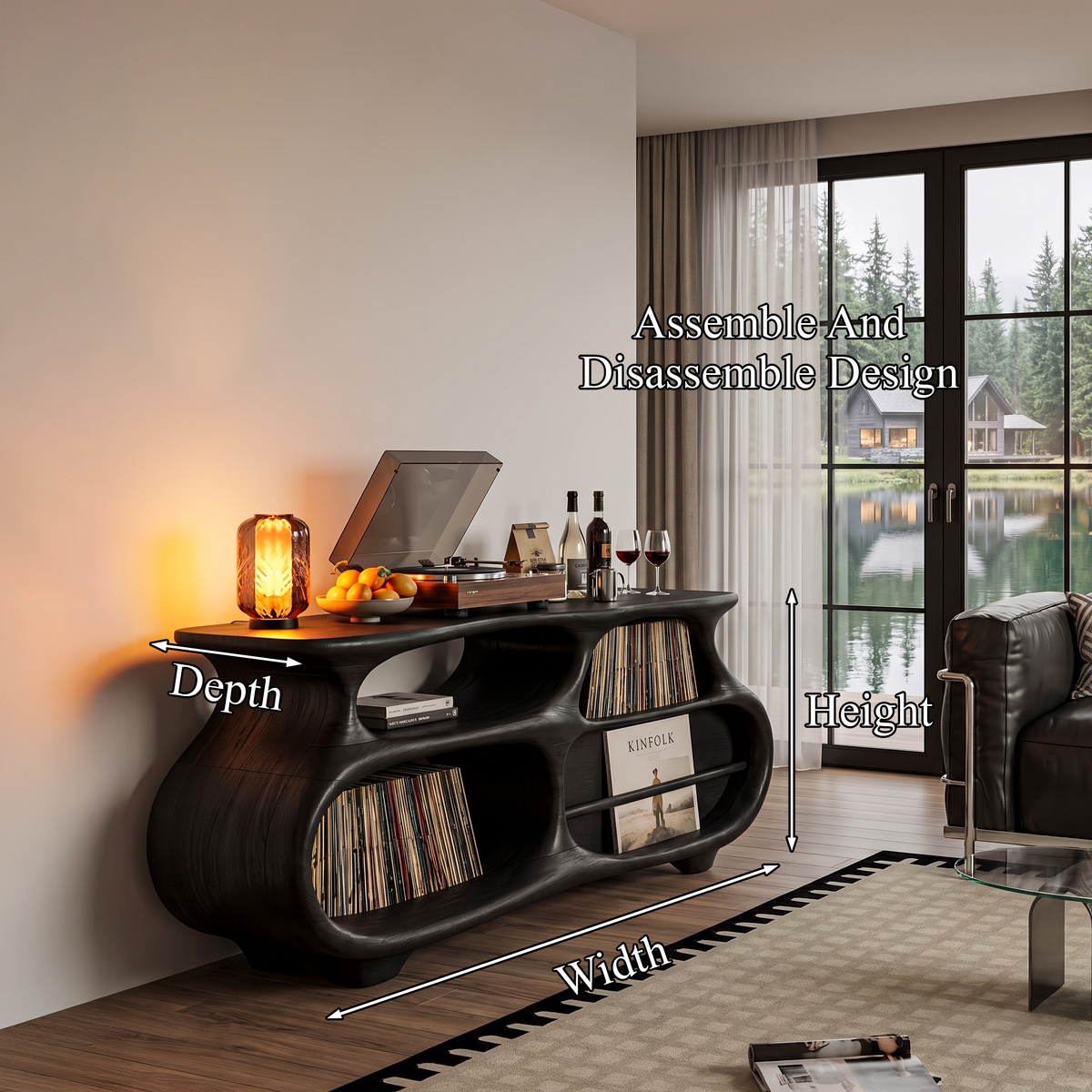 Mid Century Vinyl Record Stand With Artistic Flowing Silhouette For Entryway