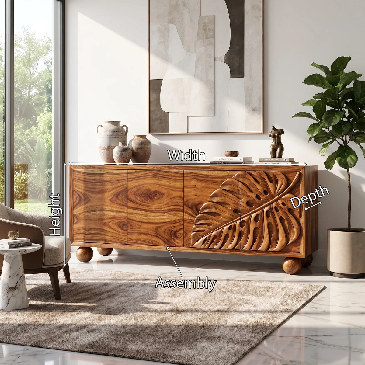 Serene Sideboard Cabinet Modern Sideboard Buffet Cabinet Monstera Carving For Living Room