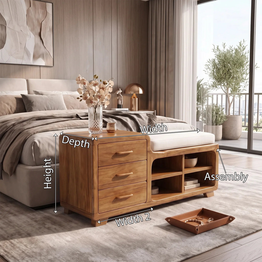 Modern Wooden Storage Bench Drawers Cushion For Bedroom Decor