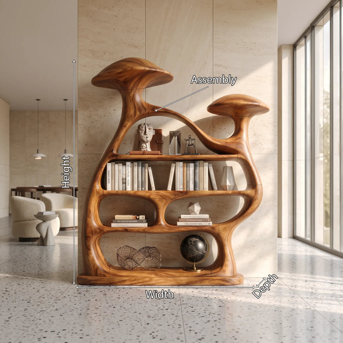 Organic Wide Mushroom Bookcase Modern Living Room