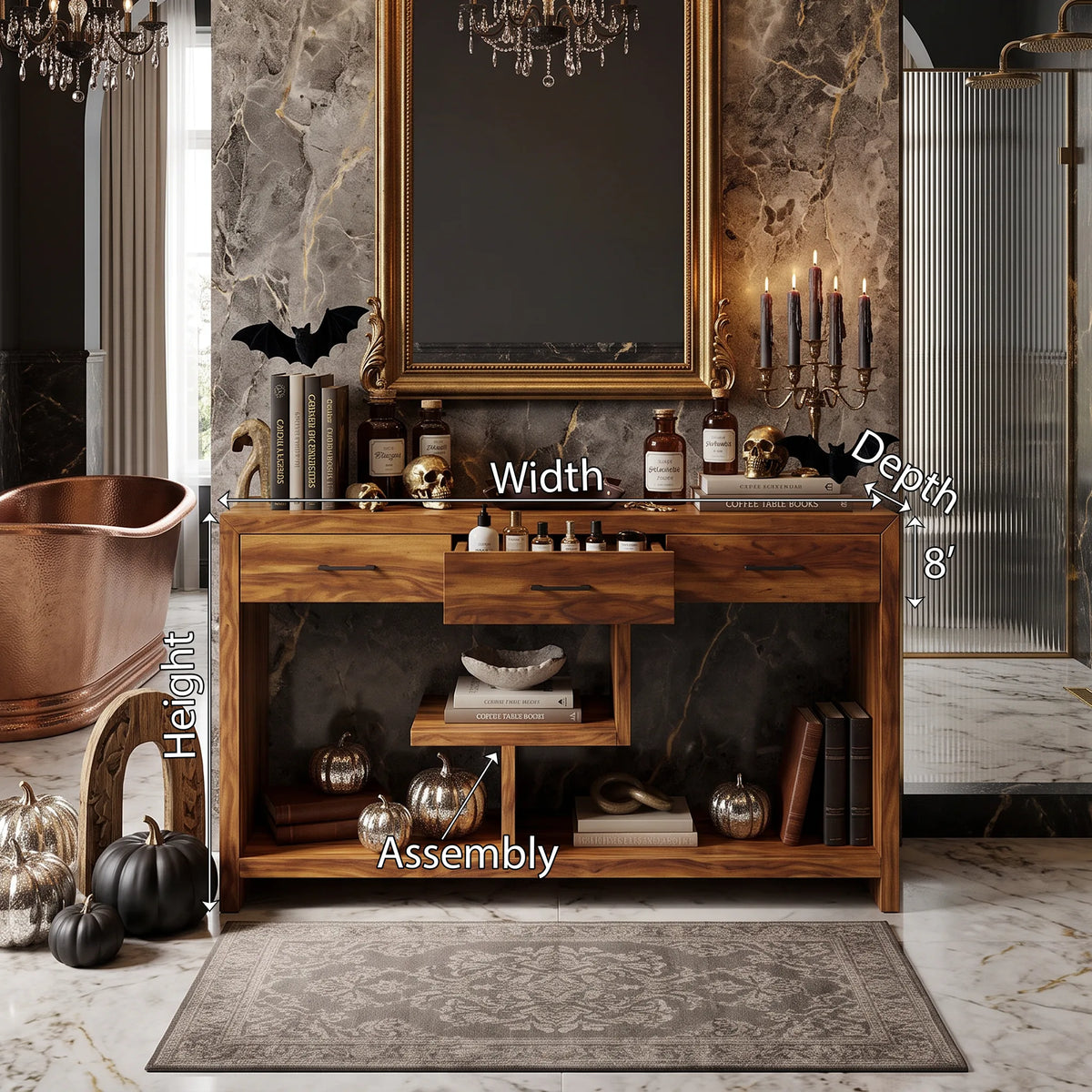 Rustic Skull Wood Console Table Luxury Bathroom