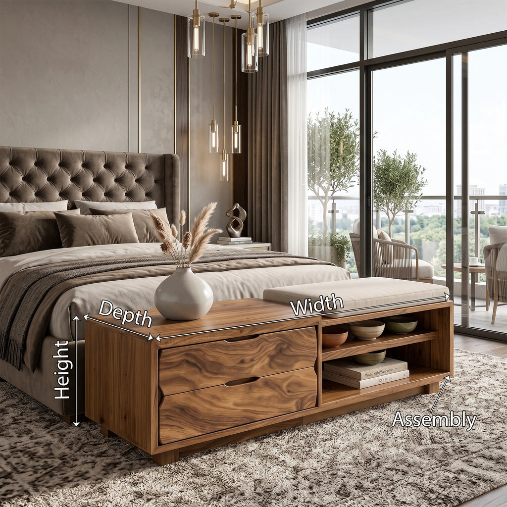 Natural Wood Storage Bench Cushion Drawers For Bedroom