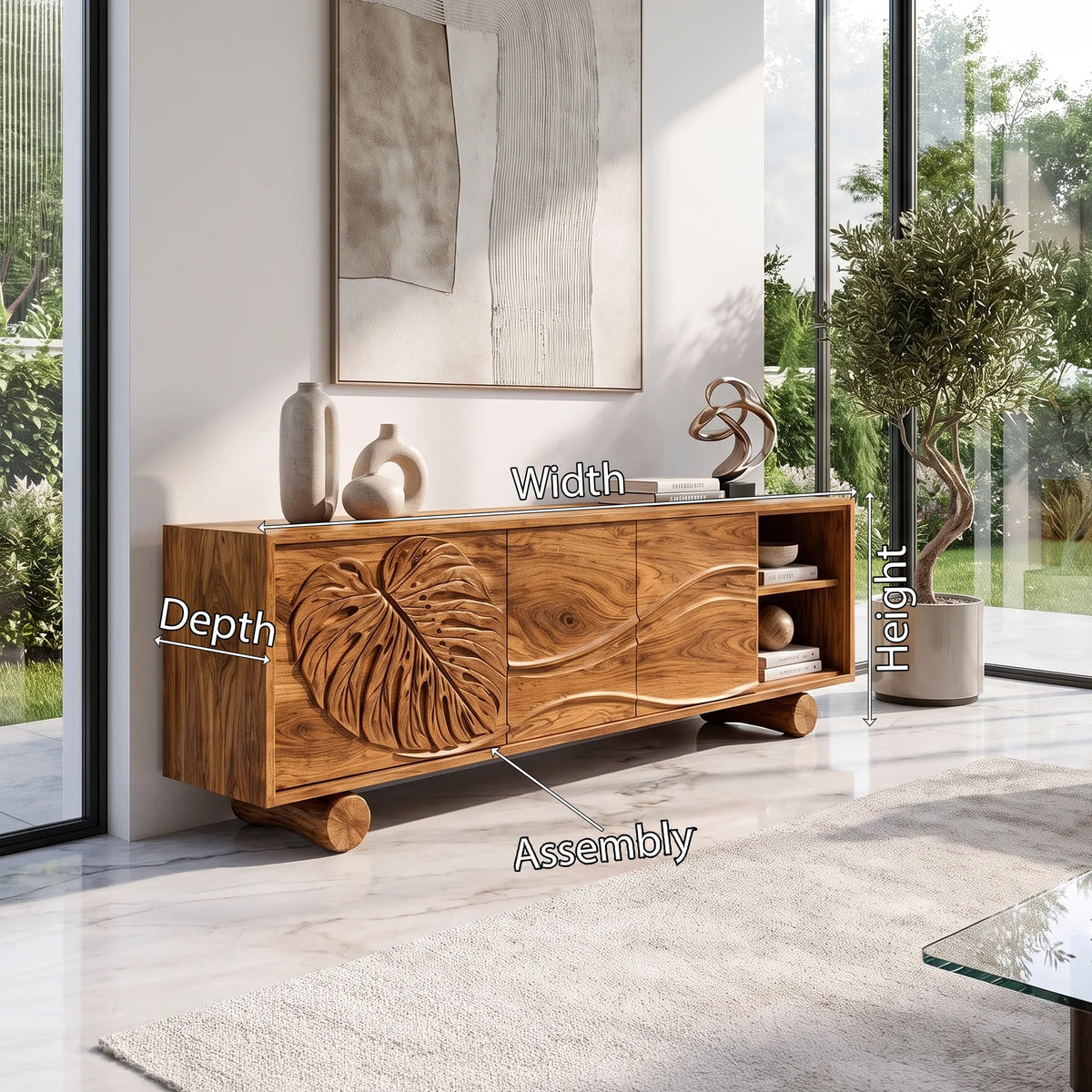 Organic Sideboard Cabinet Modern Sideboard Buffet Cabinet Monstera Carving For Living Room