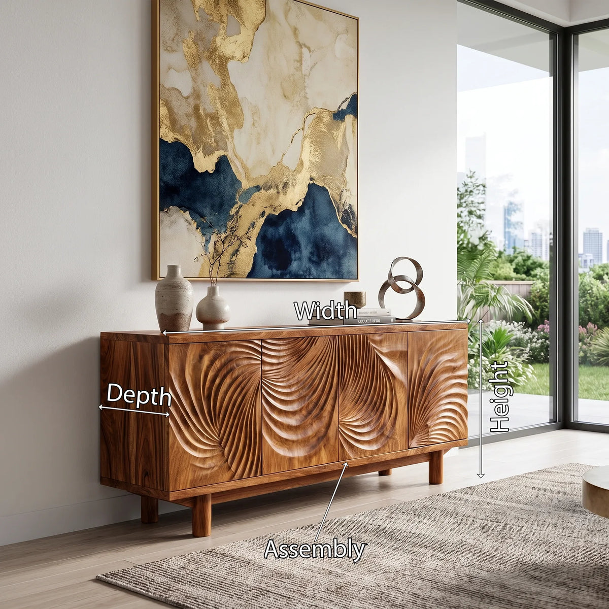 Luminous Sideboard Dining Sideboard Cabinet Buffet Cabinet Layered Wave Carving For Dining Room