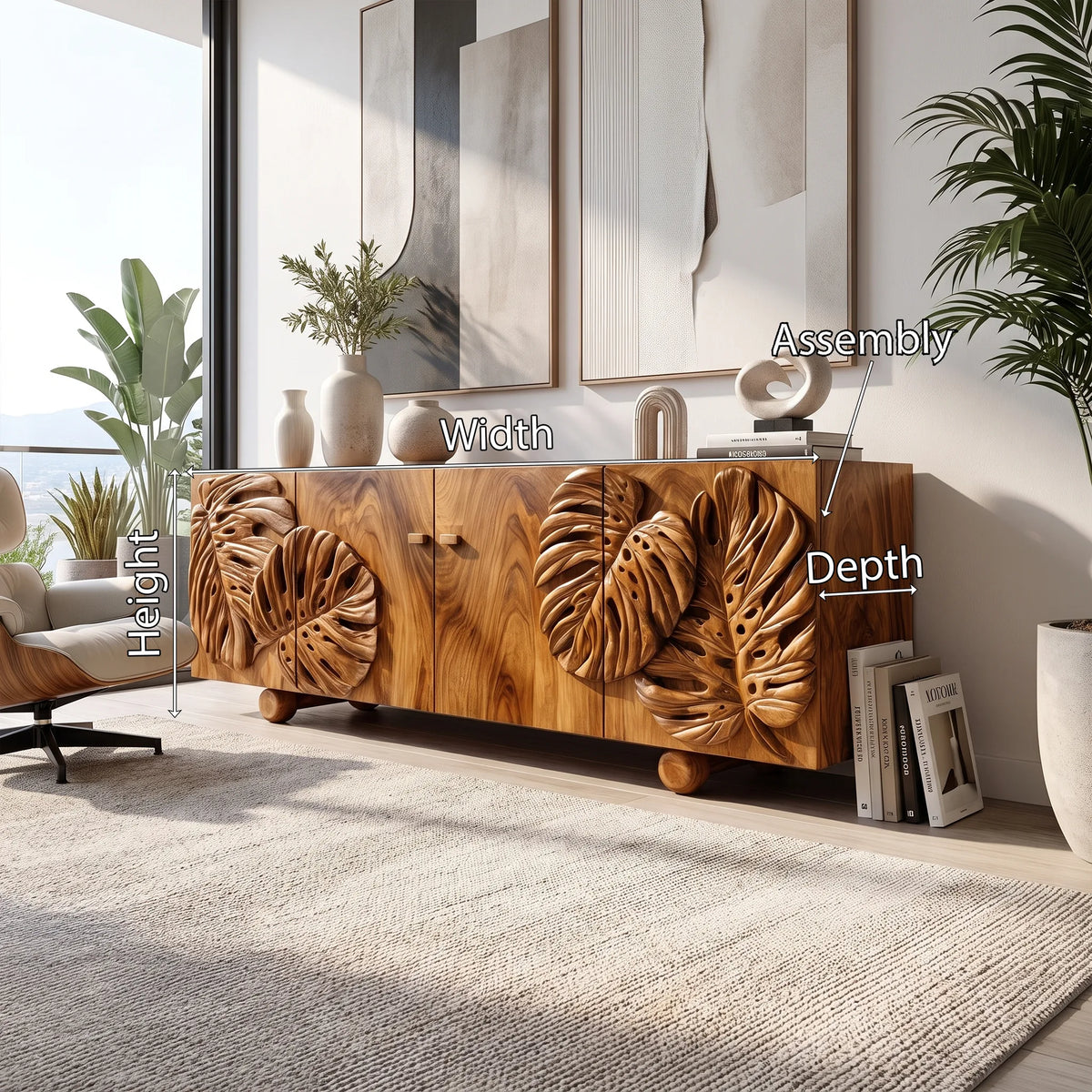 Botanical Sideboard Sideboard Storage Cabinet Modern Sideboard Tropical Leaf Carving For Living Room