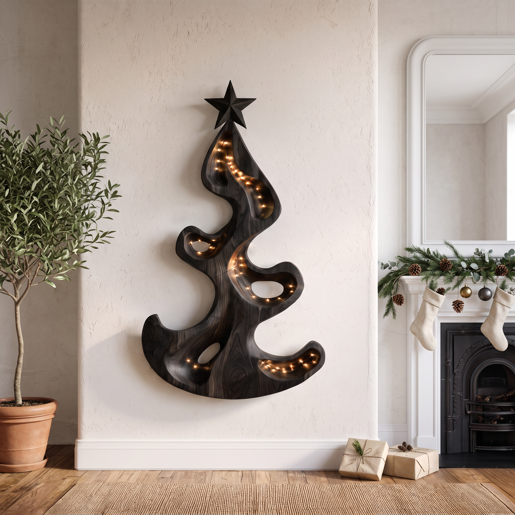 Rustic Christmas Wall Sculpture With Freeform Tree Design For Entryway