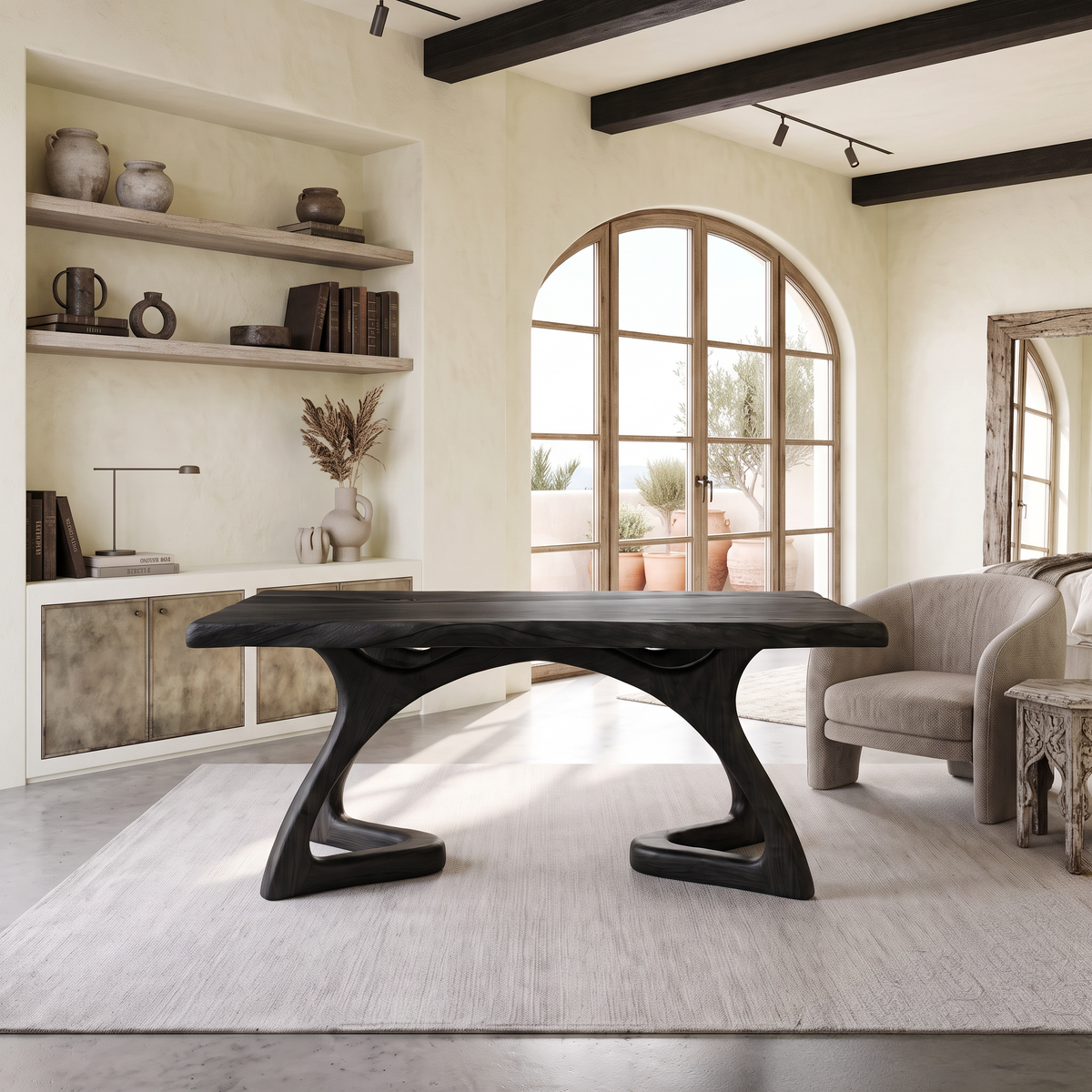 Rustic Executive Desk With Curved Open Frame Legs For Workspace