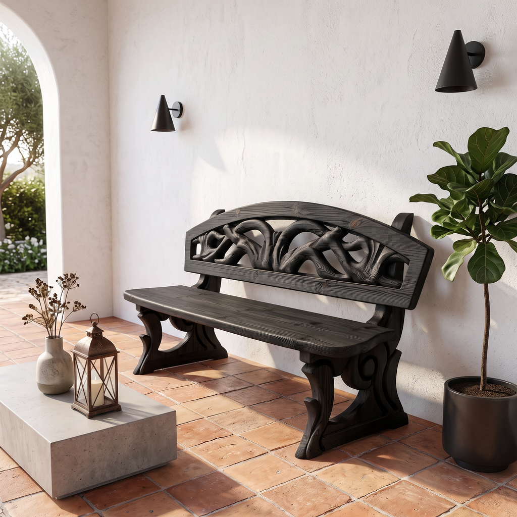 Gothic Halloween Outdoor Bench With Twisted Tree Design For Garden