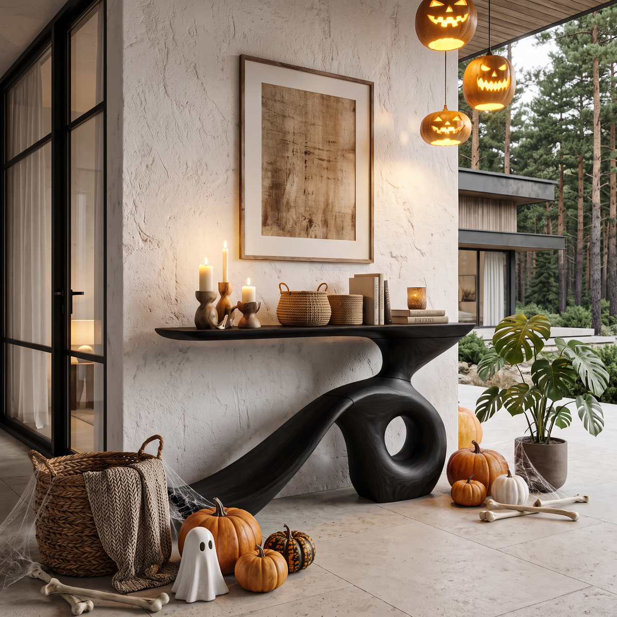Modern Halloween Entryway Table With Sculptural Open Frame For Hallway
