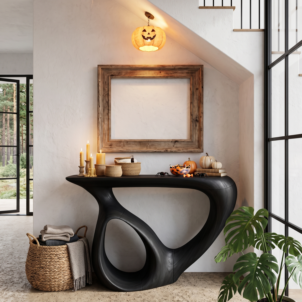 Organic Halloween Sofa Table With Carved Gothic Inspired Frame For Foyer