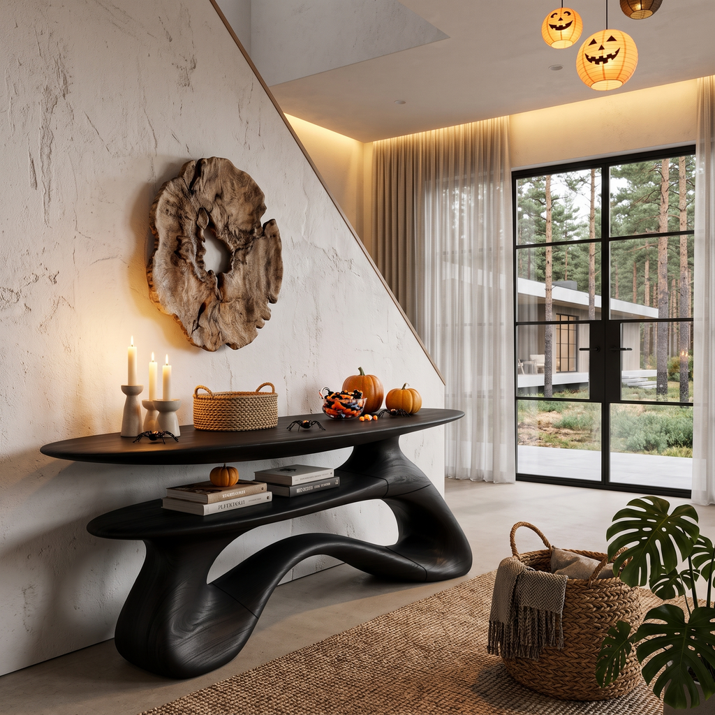 Modern Halloween Entryway Table With Open Storage Shelf And Hollow Frame For Hallway