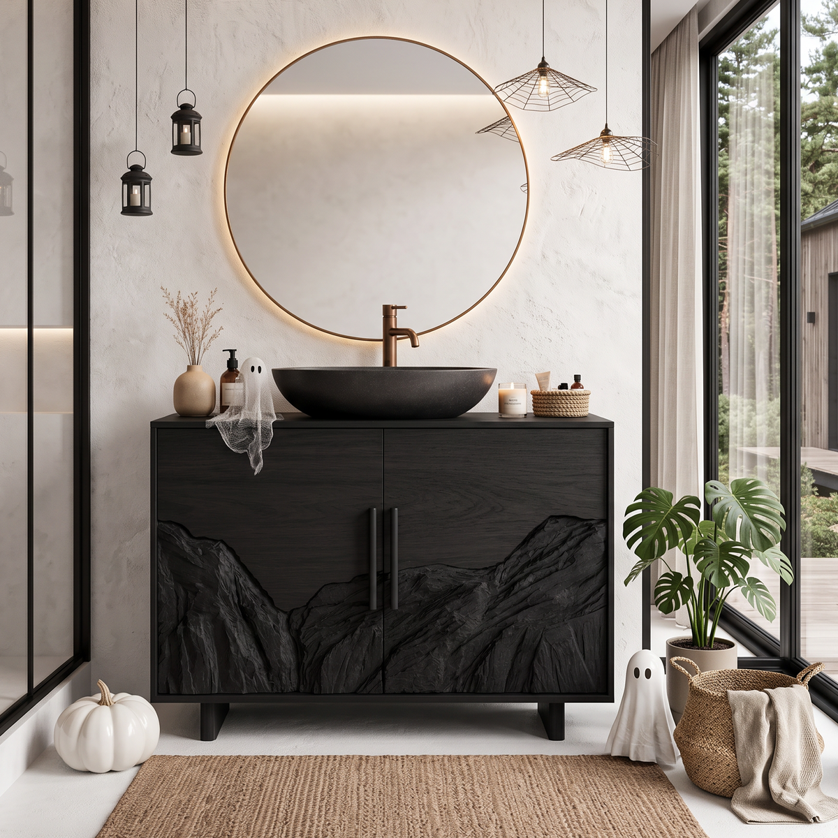 Rustic Halloween Bathroom Vanity Cabinet With Haunted Mountain Design For Bathroom