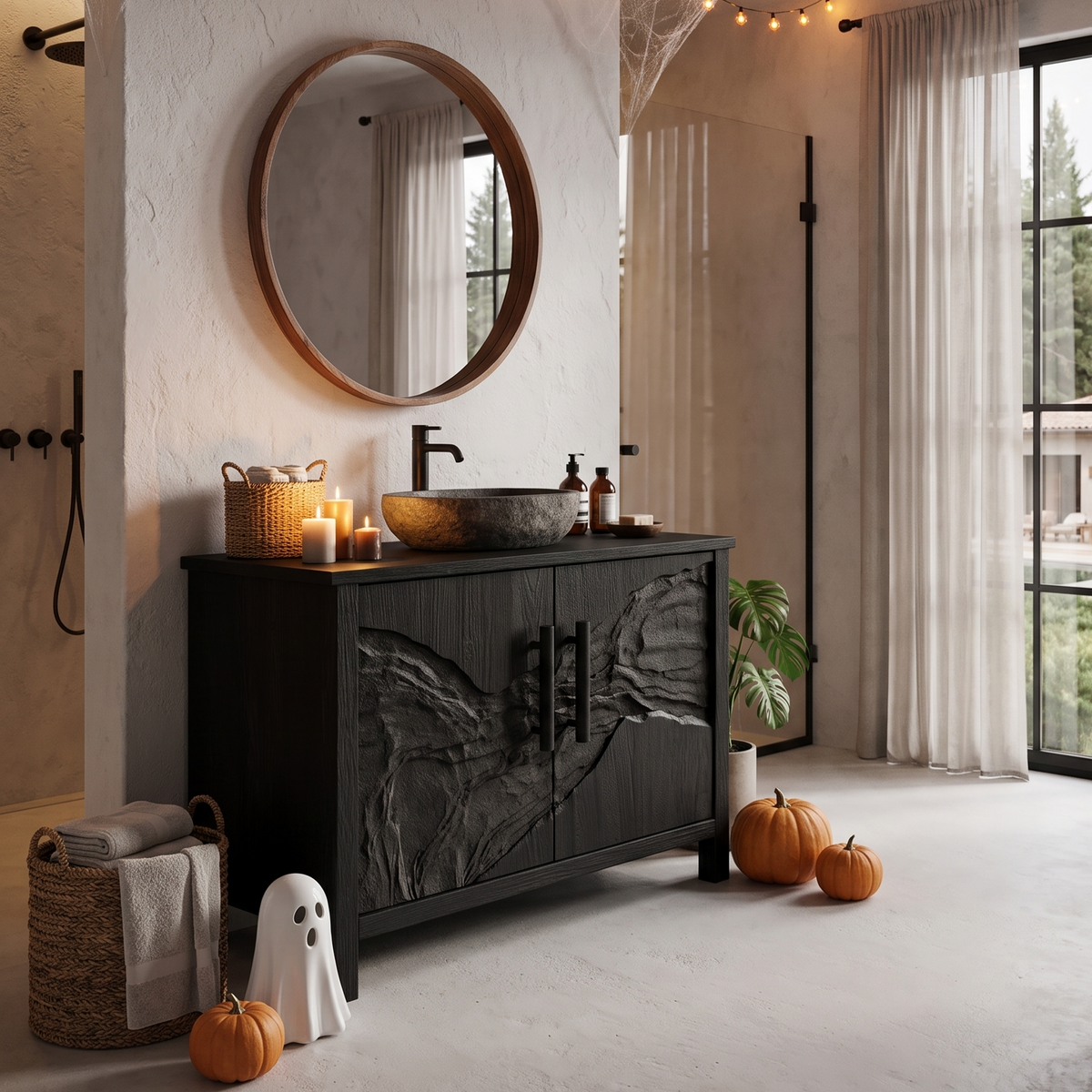 Modern Halloween Vessel Sink Vanity With Dark Mountain Relief For Bathroom