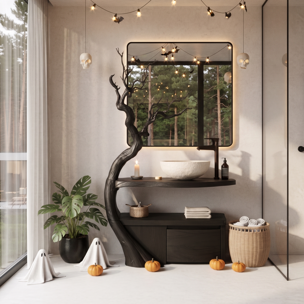 Gothic Halloween Bathroom Vanity With Haunted Tree Branch Design For Bathroom