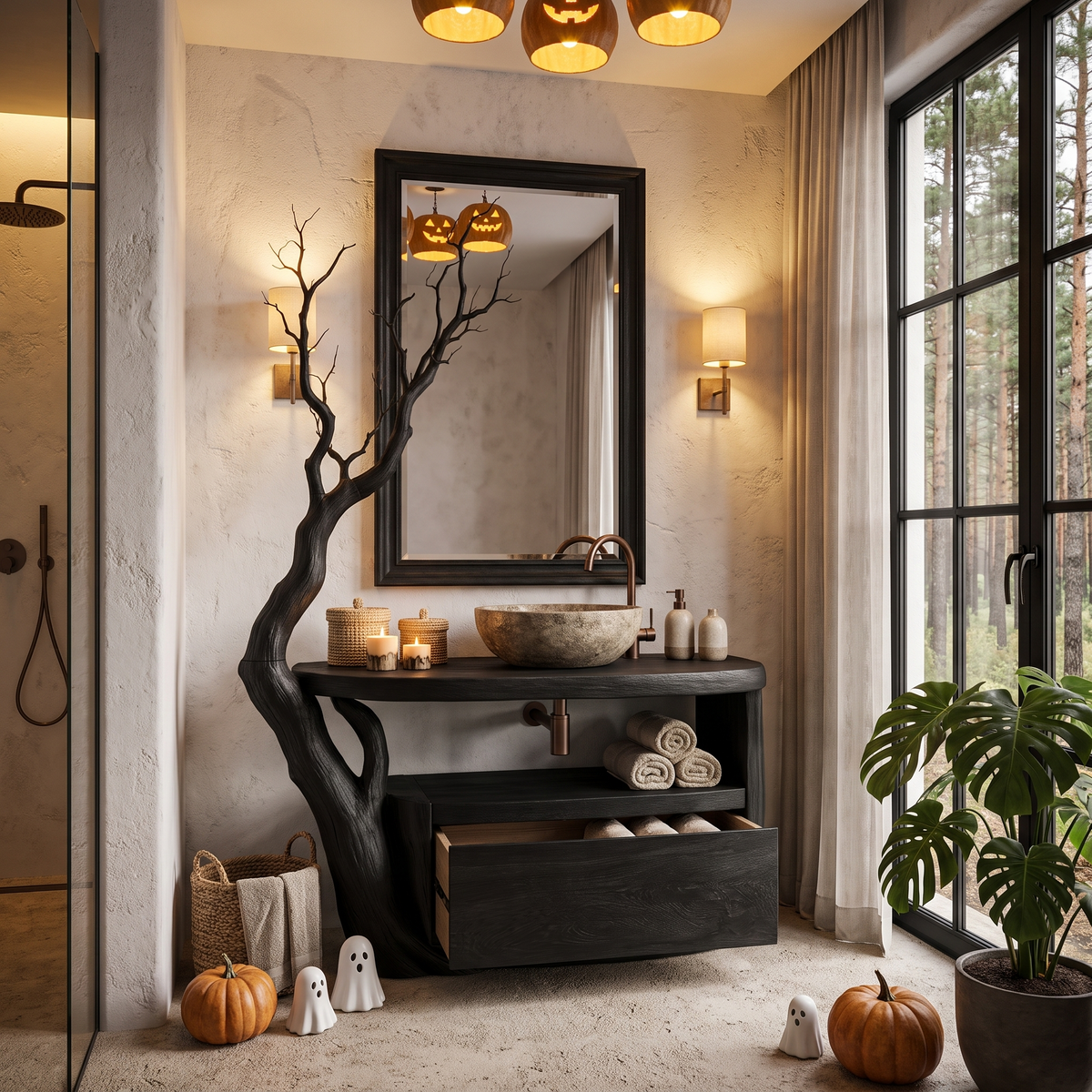 Natural Halloween Tree Bathroom Vanity With Open Shelf Storage For Bathroom