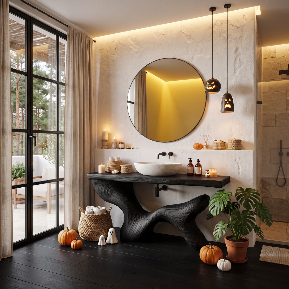 Modern Halloween Bathroom Sink Cabinet With Dark Branch Design For Bathroom