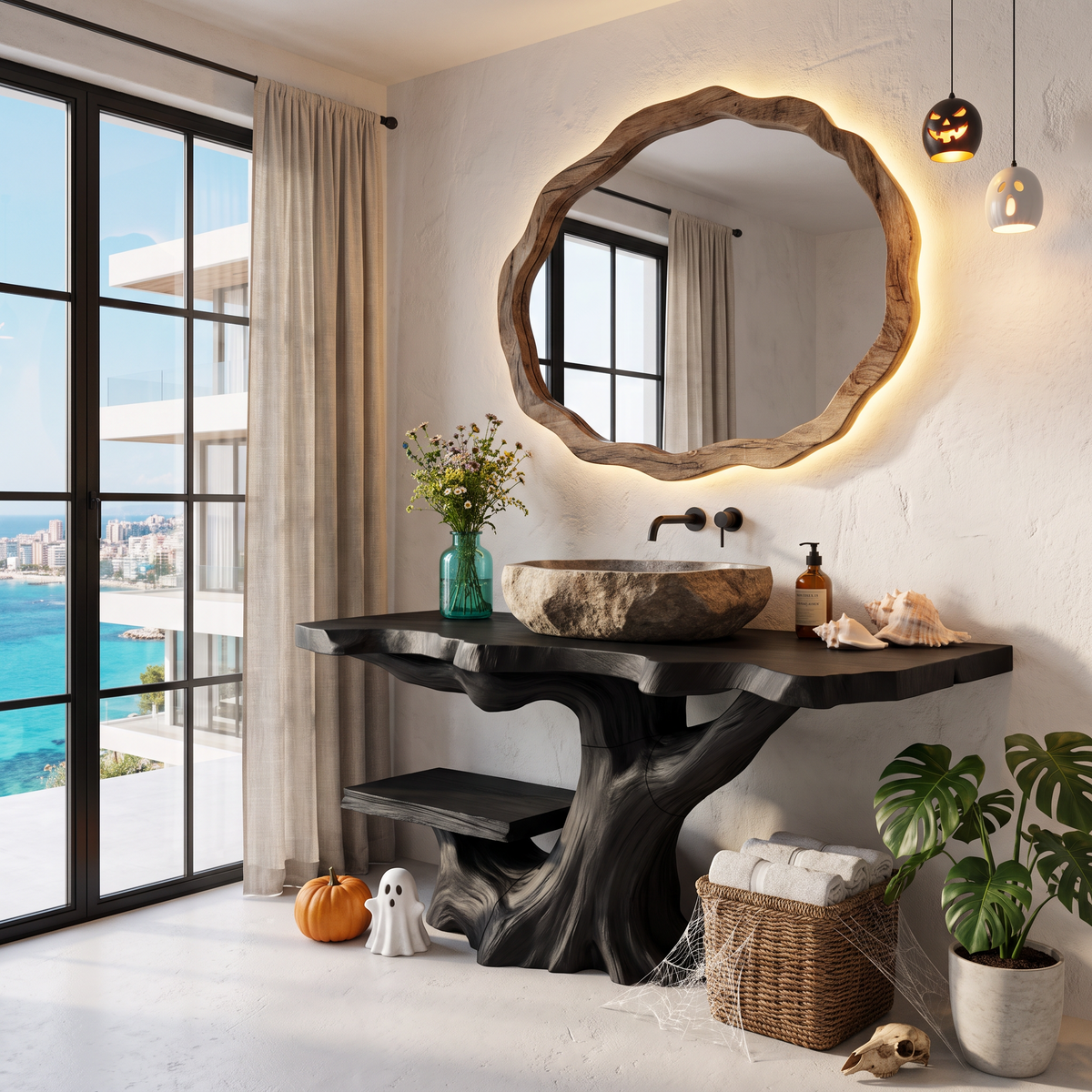 Rustic Halloween Bathroom Vanity With Live Edge Top And Tree Trunk Base For Bathroom