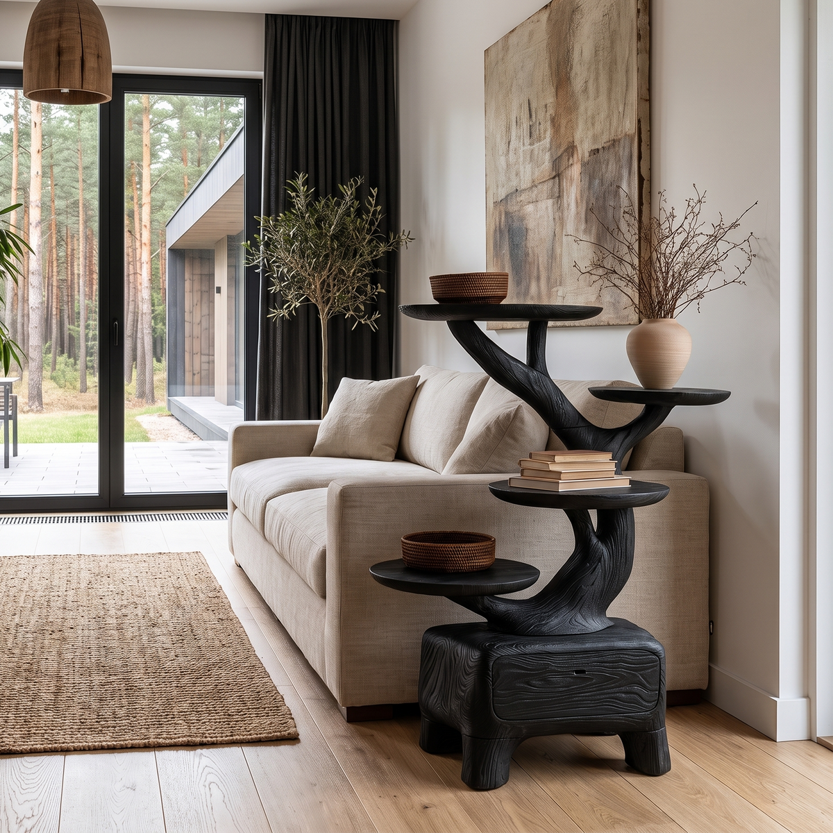 Natural Sculptural Side Table With Branch Display Shelves For Living Room